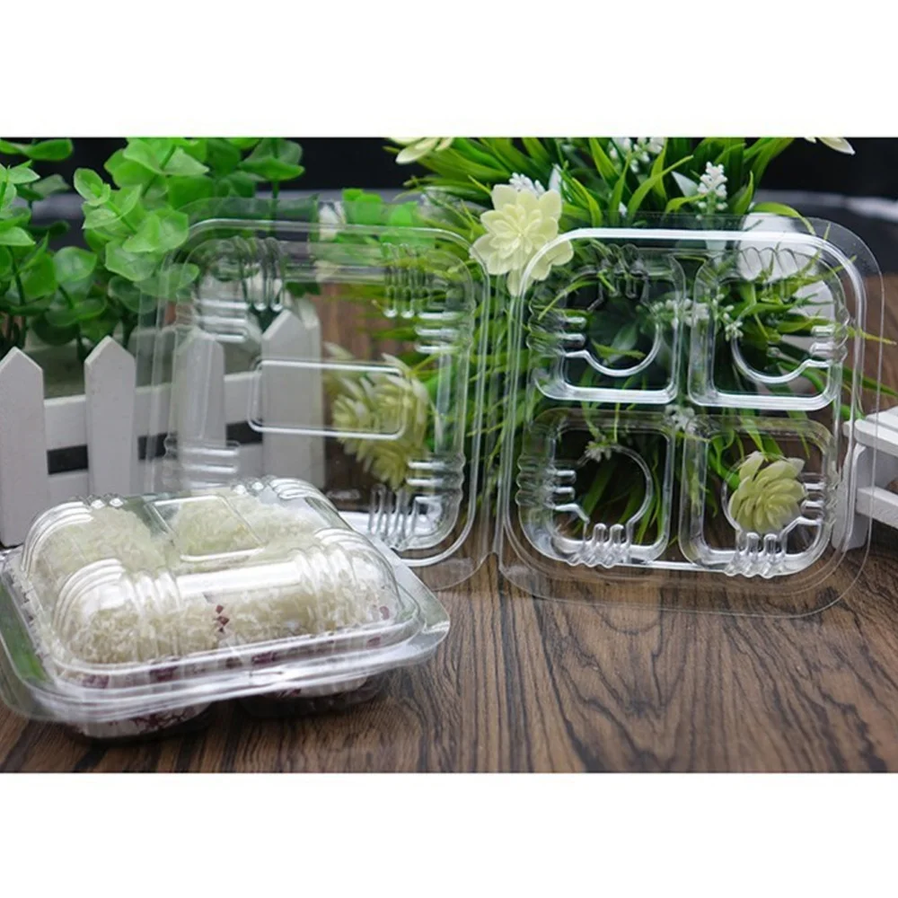 

100pcs Disposable Transparent Boxes Hinged Lid Four-grid Takeout Food Containers for Desserts Fruits