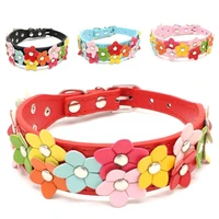 personalized pet supplies dog collar flowers studded adjustable pu leather puppy necklace with cute flower colorful print