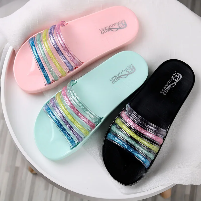 Женские летние шлепанцы пляжные Вьетнамки с радужной прозрачной толстой