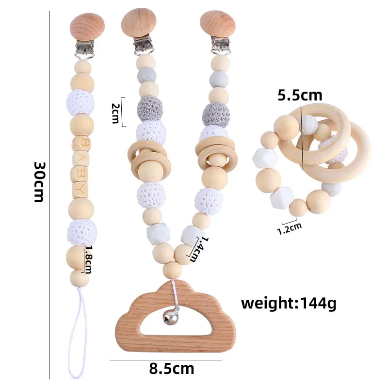 

Baby carriage DIY wooden rattle toy wooden teether pacifier clip set molar rod pacifier chain baby carriage clip nipple holder