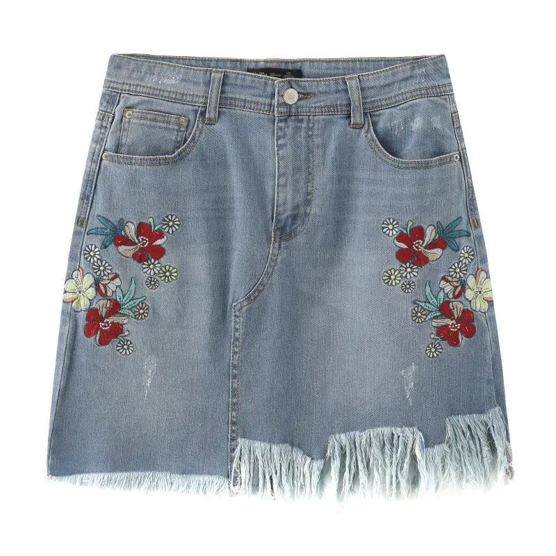 

Embroidery Floral Denim Summer Skirt A Line Vintage Tassel Jeans Skirts Women Zipper Up Middle Waist Retro Skirt Female Bottoms