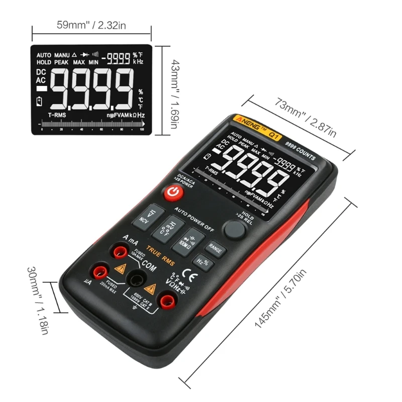 

Q1 True-RMS Digital Multimeter Auto Button 9999 Counts Analog Bar Graph Tester