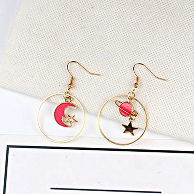 Sweet girl heart pink blue universe star earrings small fresh long asymmetric pendant | Украшения и аксессуары