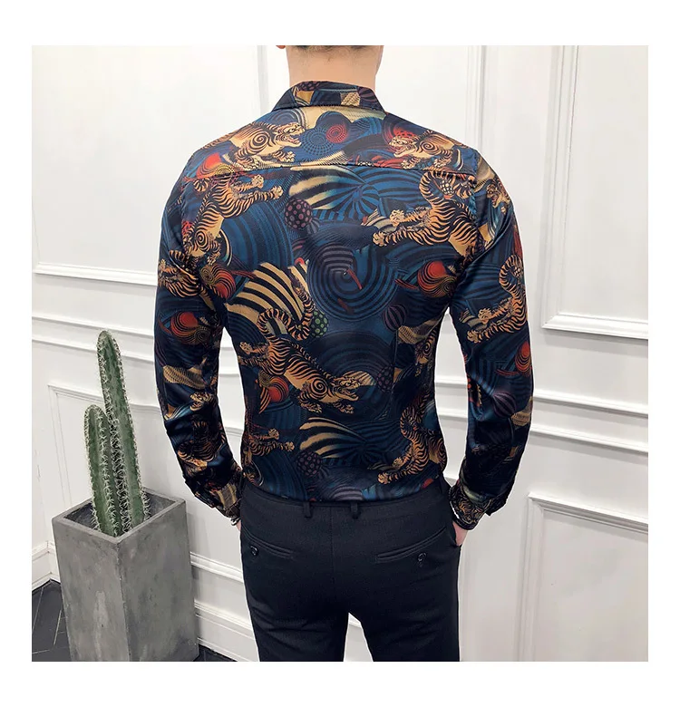

Animal Fashion Print Show Vintage Shirt Men Camisa Masculina Slim Fit Club Party Prom Printed Mens Shirt Chemise Homme