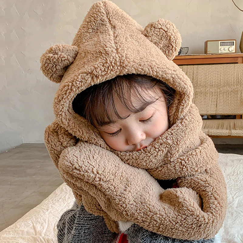 

Winter Kids Hat Plush Hats Scarf Gloves Set Novelty Beanies Caps Warm Cute Bear Casual Girls Boys Caps Gift
