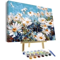 oil paint by numbers for adults beginners without framed canvas and wooden easel with brushes and acrylic pigment daisy flower