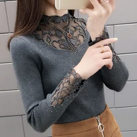 sexy lace collar patchwork women pullover sweater autumn half turtleneck long sleeve knitted top lady hot drill bottoming jumper