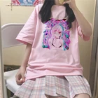 Кавайная розовая футболка с аниме девушкой, женская уличная одежда в стиле панк, корейские модные футболки с коротким рукавом, повседневная одежда, женские топы в готическом стиле Харадзюку