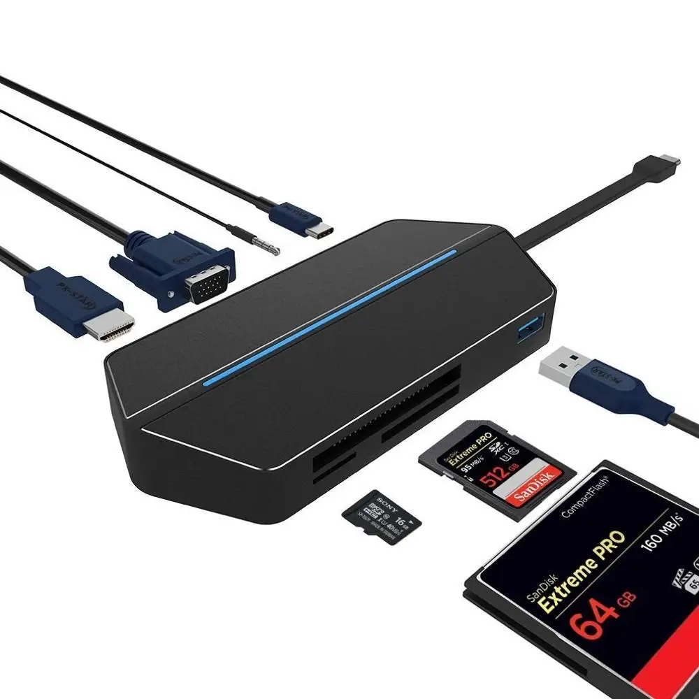 8 в 1 Тип C к HDMI ТВ HDTV VGA видео адаптер конвертер USB 3 0 концентратор CF SD TF кардридер 5
