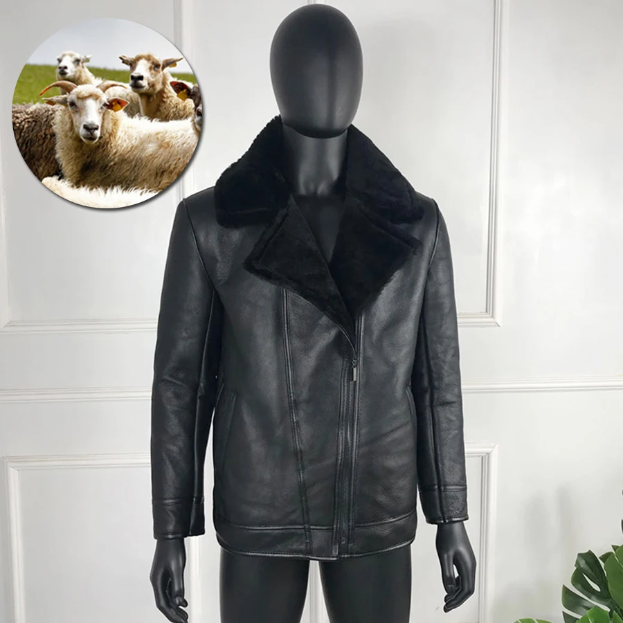 

Classic Leather Jacket Men Windproof Fully Sheepskin Lined Jackets Warm Fashion Casual Real Natural Fur Jacket