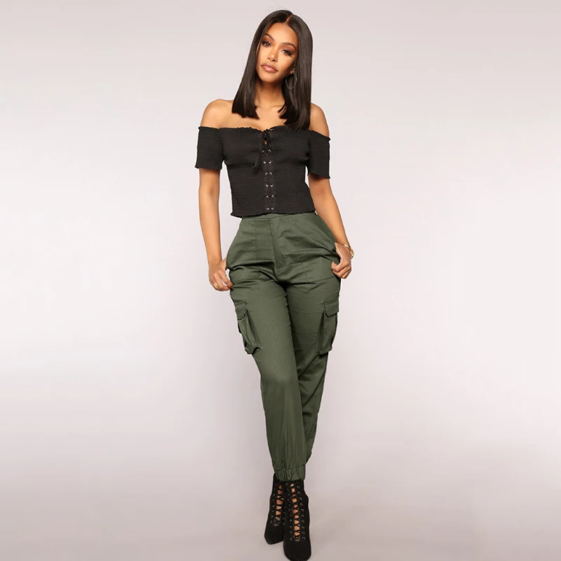 

Hot Sale Autumn Trousers with Pockets Ankle-Length Harem Pants Women Mid Elastic Waist Solid Pants Streetwear Flat Broadcloth