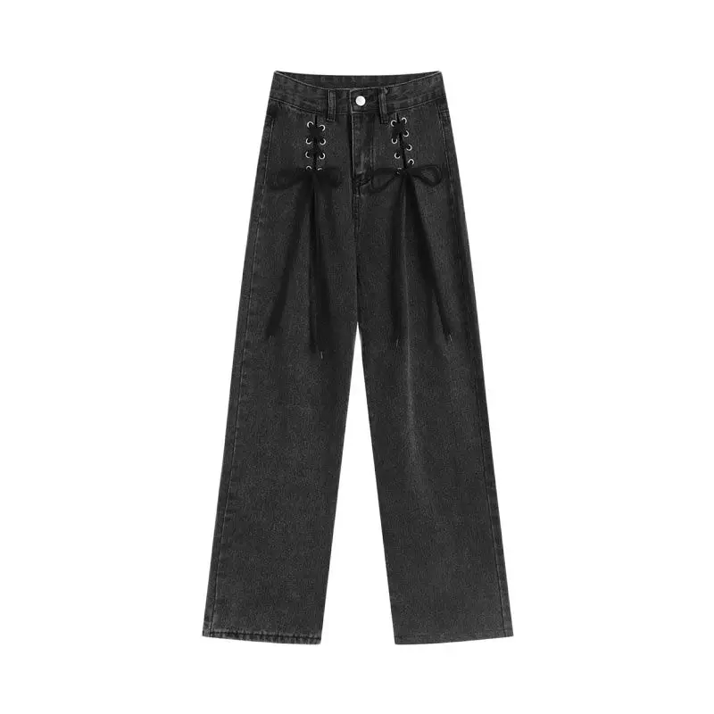 

Women Straight Loose Jeans Retro High Street Oversize Korean Bow Casual Denim Trousers Harajuku Washed Hip Hop Jean Pants Tide