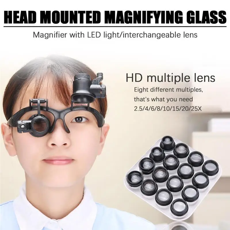 

Head Wearing Magnifier Set with 2LED 2.5X 4X 6X 8X 10X 15X 20X 25X Magnifier Glasses Optical Lens Glass Loupe for Jewelry Repair