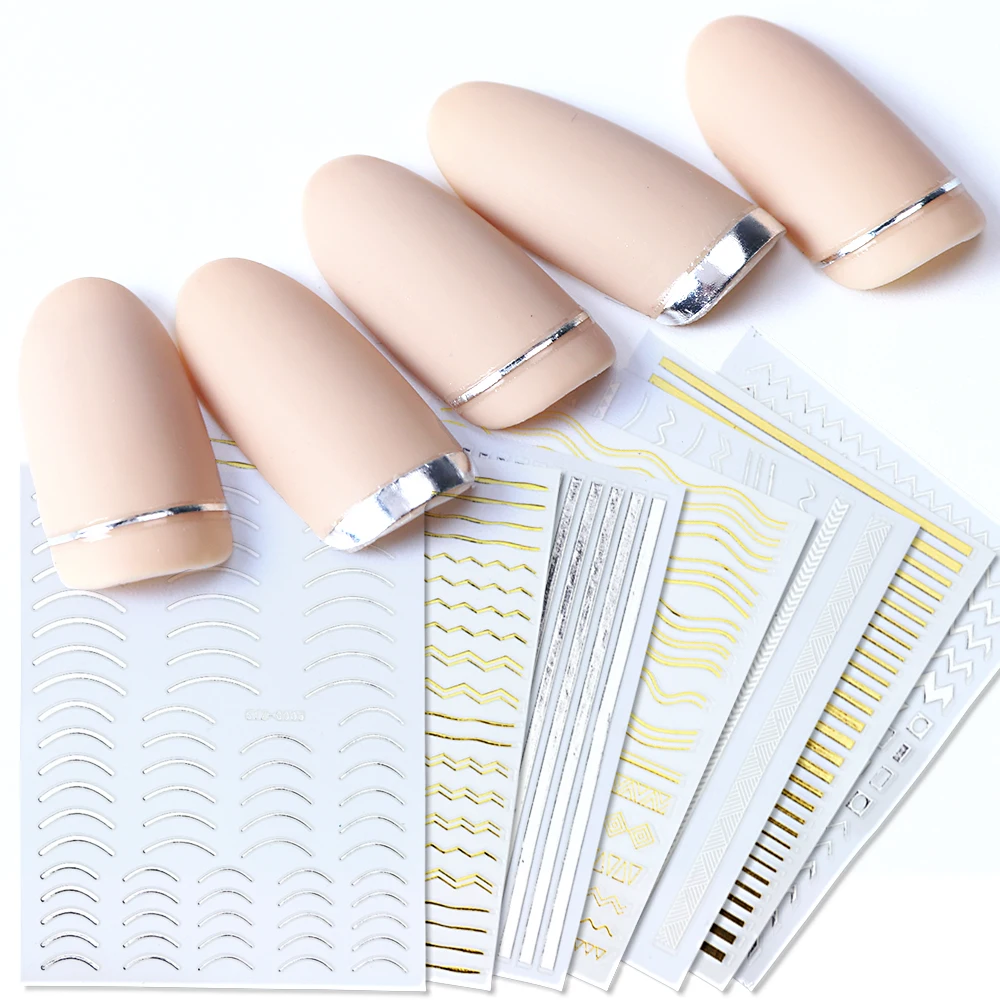 

1pcs Gold Silver Sliders 3D Nail Stickers Straight Curved Liners Stripe Tape Wraps Geometric Nail Art Decorations