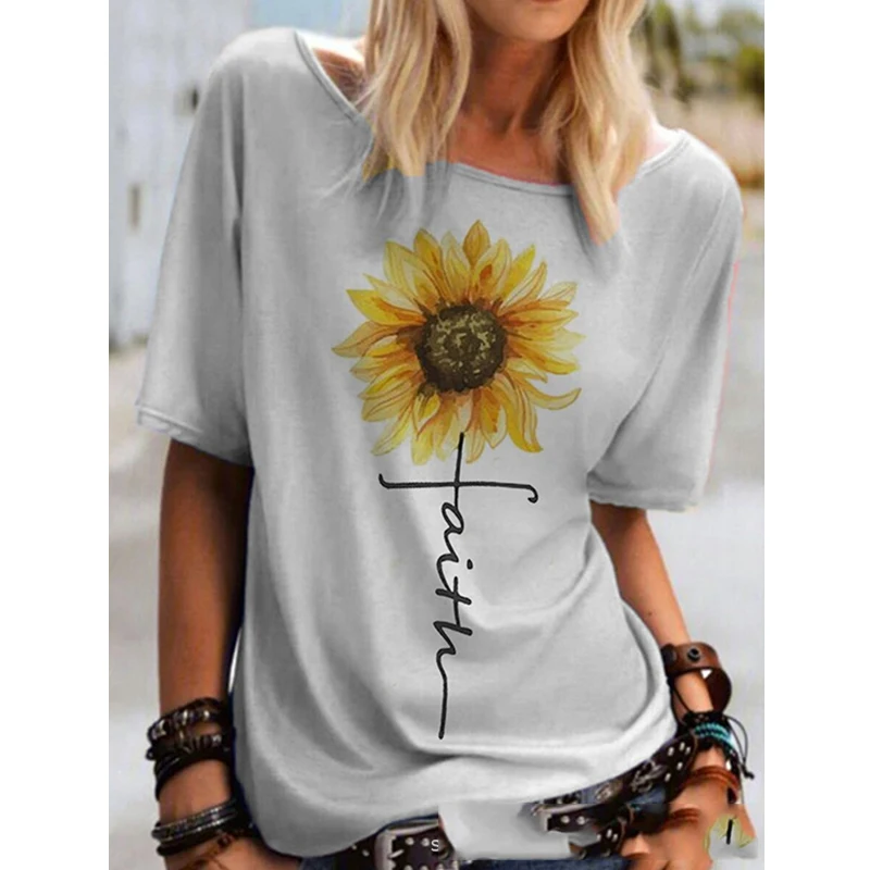 

Summer New Sunflower Print Color Loose Short Sleeved Pullover T Shirt Casual Loose Women's Plus Size Clothing