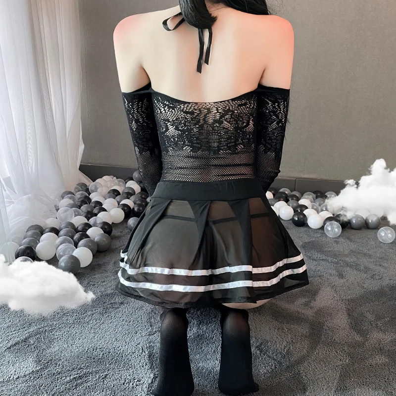 

Sexy See Through Cosplay Student Uniform Lingerie Lady Erotic Temptation Costumes Babydoll Black Mesh Miniskirt Outfit For Women
