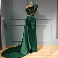 Demure Emerald Green Mermaid Satin Evening Dresses Real Image Gold Appliques Beaded Long Prom Dresses Ruffles Formal Dress