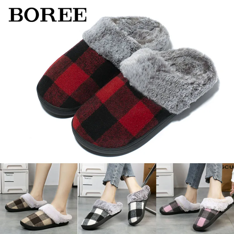 

New Women Fluffy Slippers Winter Warm Shoes Men Couples Classic Lattice Home Soft Slippers Indoor Women Fur Slides Zapatillas