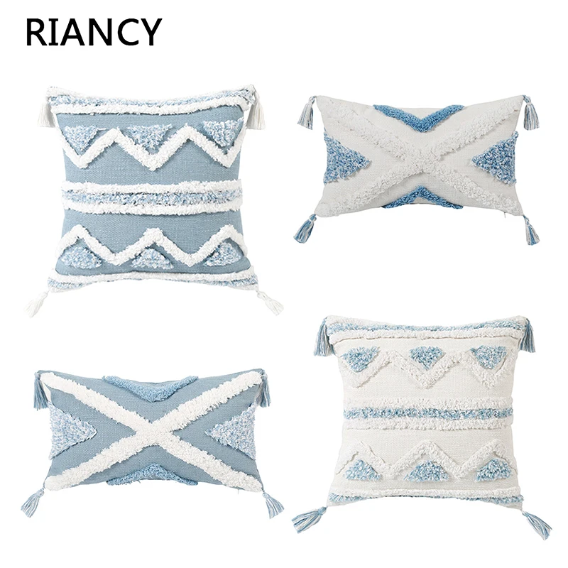 

Blue Geometric Tufted Embroidery Throw Cushion Cover Office Sofa Home Pillowcover Outdoors Pillowcase 40841