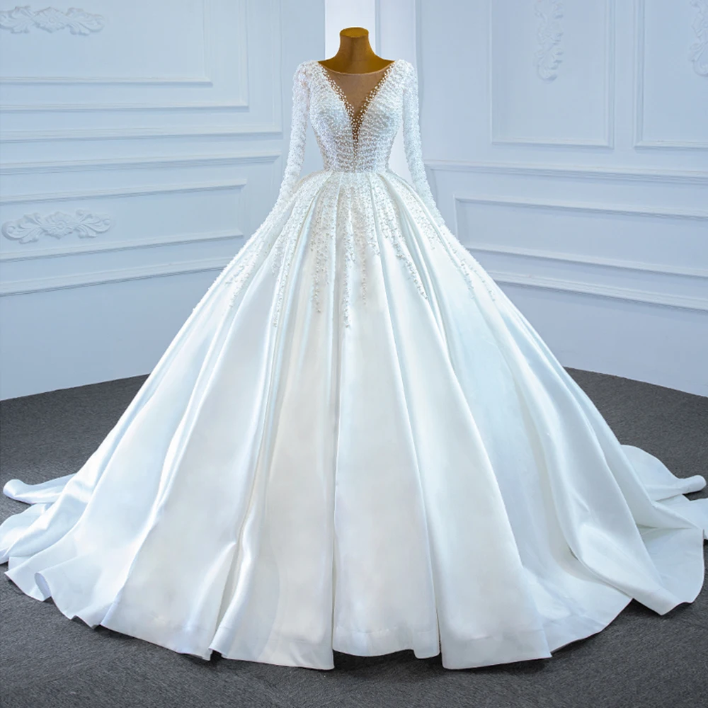 

Белое искусственное мягкое атласное свадебное платье 2021, бальное платье с длинными рукавами и шнуровкой на спине, свадебное платье на заказ