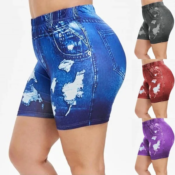 

2021 summer hot style female printed denim yoga sports hip-lifting leggings five-point pants plus size