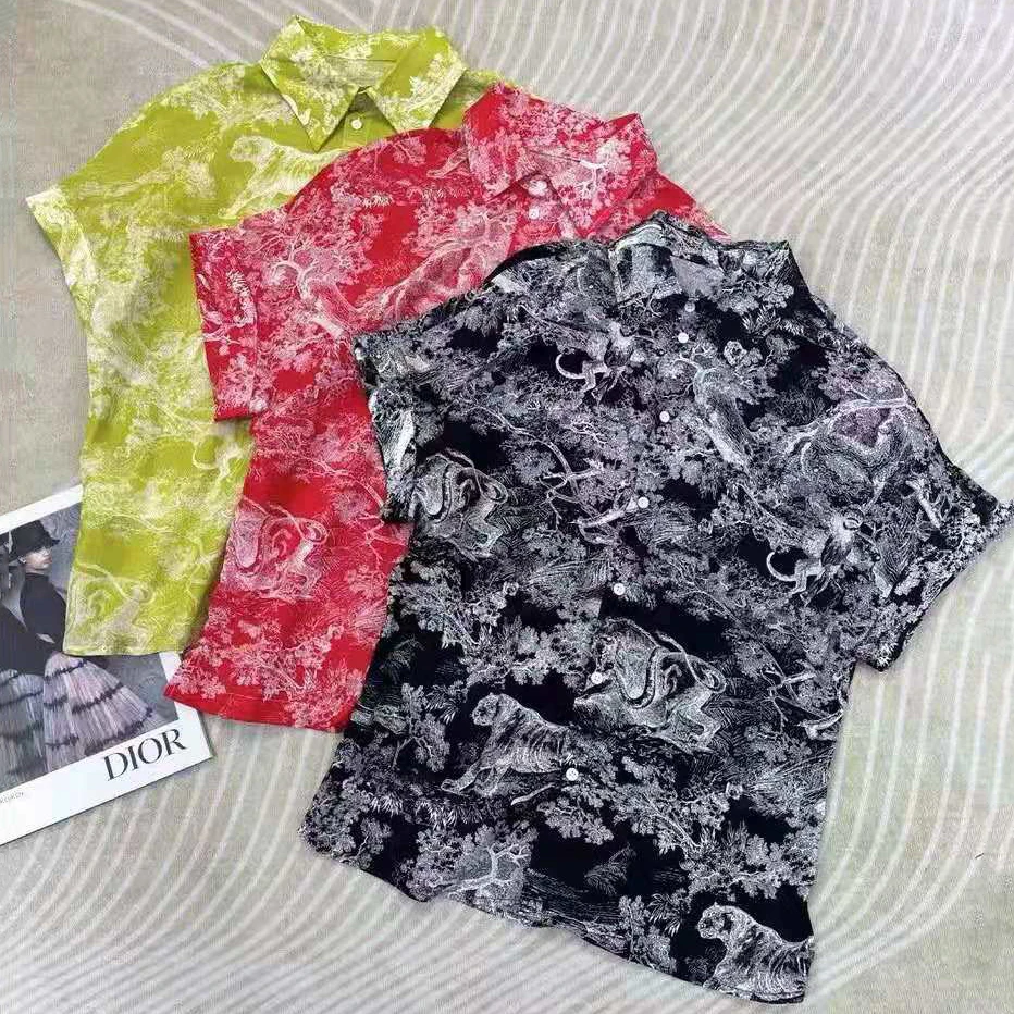 

2021 summer new catwalk style short-sleeved shirt, fashion ink jungle animal print, ladies temperament all-match shirt women