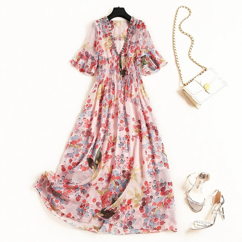 

2021 New Set Auger v-Neck Printed Sleeve Chiffon Dress Lotus Leaf Waist