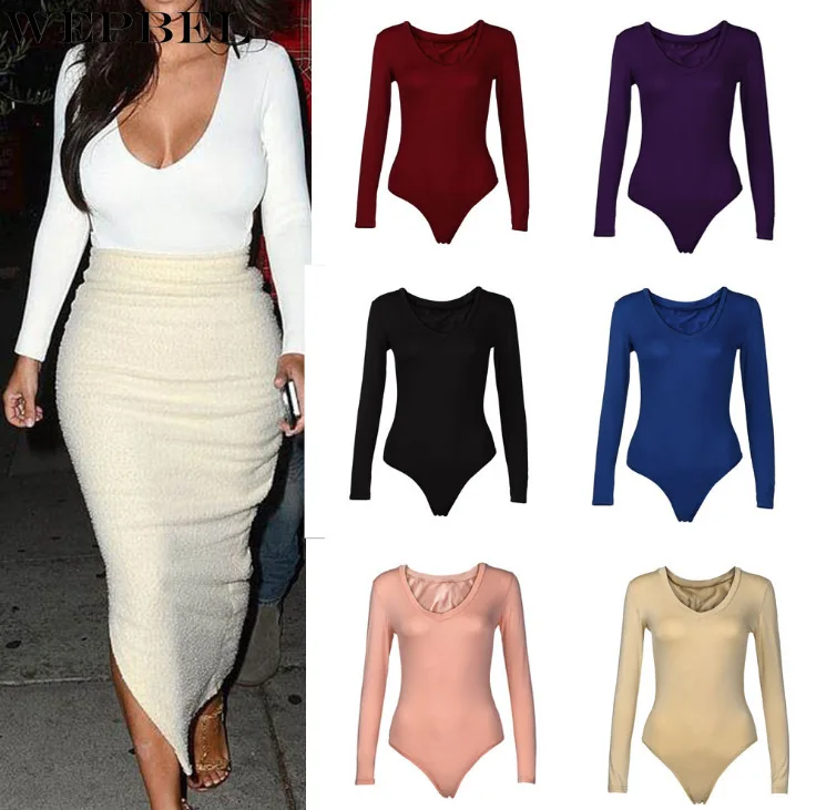 

WEPBEL Bodysuits Spring and Summer Sexy Solid Color Slim High Waist Bodysuits Women's Fashion Long Sleeve O-Neck Bodysuits
