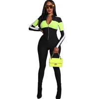 color block fitness sporty active wear rompers womens jumpsuit zip casual workout athleisure long sleeve jumpsuit overol mujer