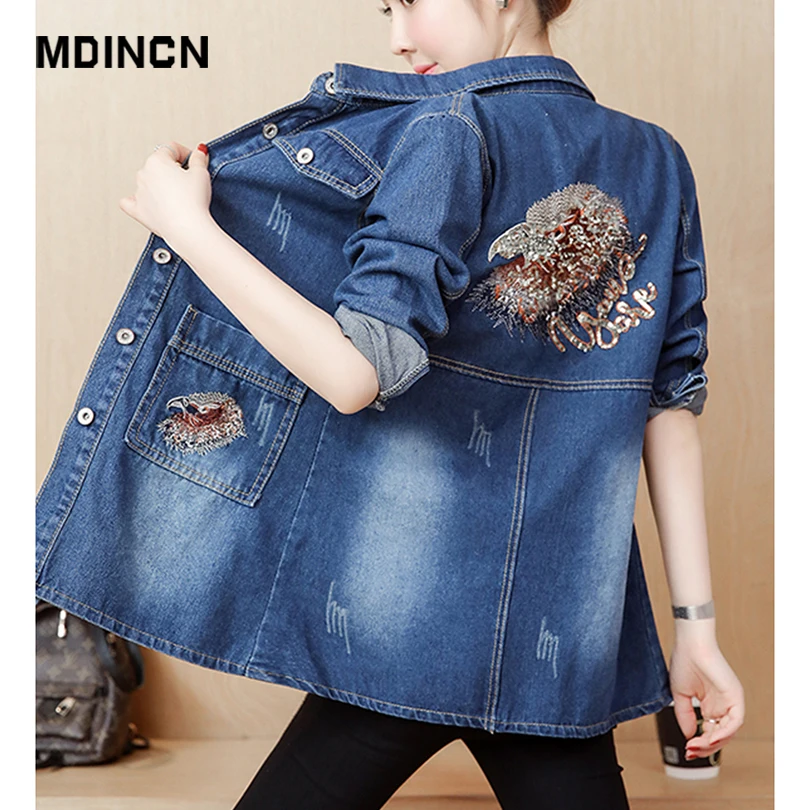 MDINCN джинсовая куртка с вышивкой тонкая весенняя длинная рваная для женщин