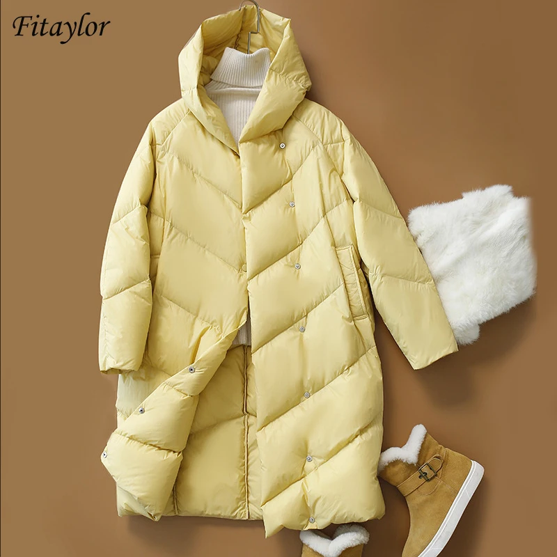 

Fitaylor зимний светильник с капюшоном, длинная куртка с перьями для женщин, белый пуховик на утином пуху, однотонная пуховая парка, зимняя пуши...