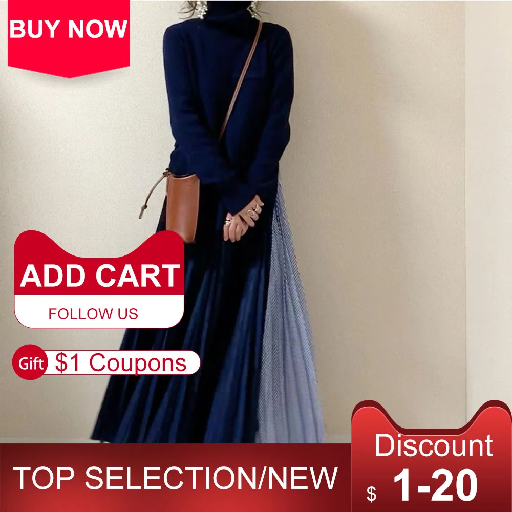 

Korean Autumn Long Sweater Dress 2021 Winter Patchwork Trtule Neck Casual Pleated Maxi Dresses Robe Femme Vestiods Pullover