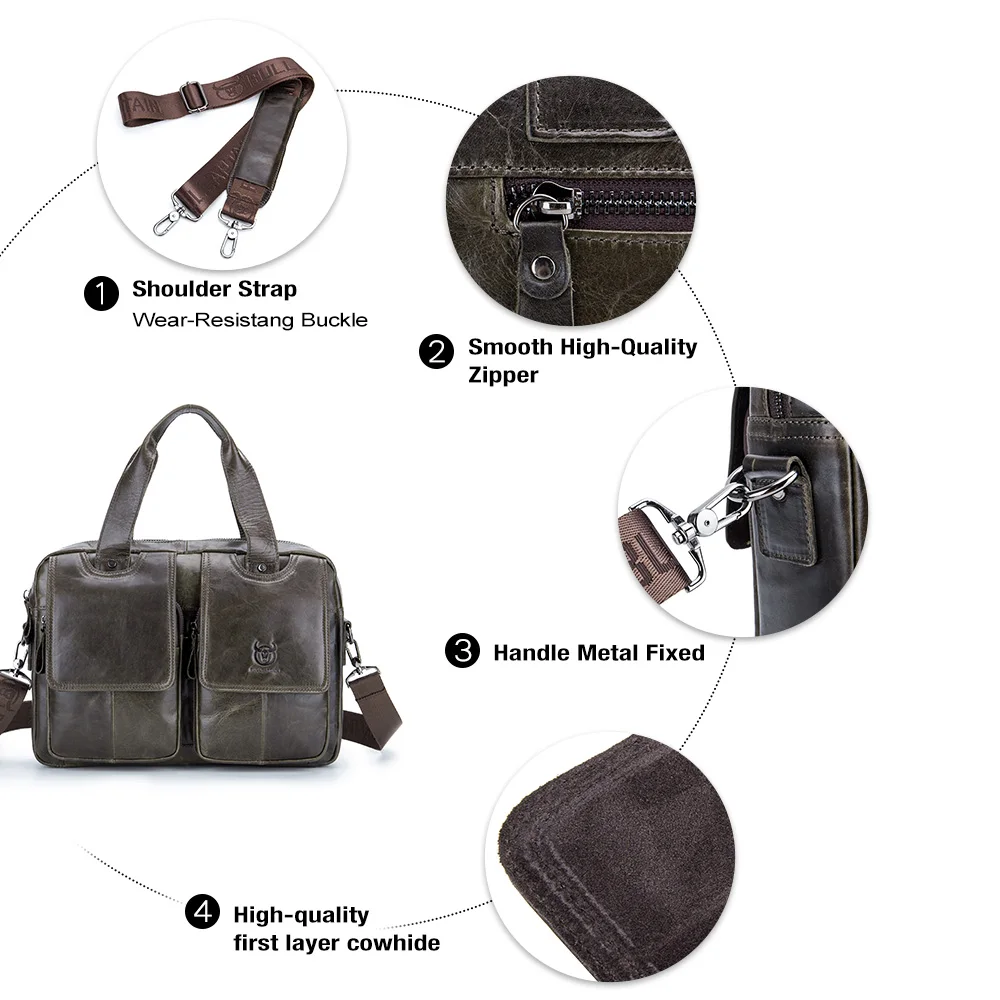 BULLCAPTAIN Men's Real Leather Briefcase 14 Inch Laptop Sleeve ,Casual Shoulder Messenger Bag, Tote, Work, Office, 042