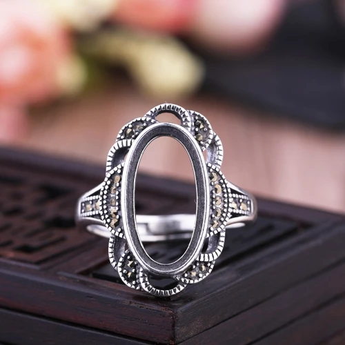 Art Deco Vintage 925 Sterling Silver Paty Ring 9.2x17.6mm Oval Cabochon Semi Mount Engagement Wedding for Amber Turquoise | Украшения и