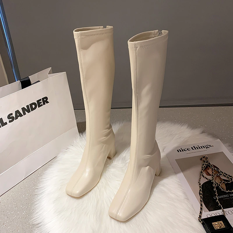 

2022 New Winter Style with Fleece Medium Chunky Heel Knight Boots Women's High Tube Thinner-looked High Heel Shorty Long Boots