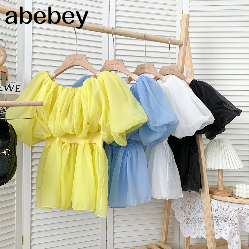 

Sweet versatile slash neck puff sleeve Shirt high waist pleated waist solid color Ruffles Chiffon Shirt Top 2021 New Summer
