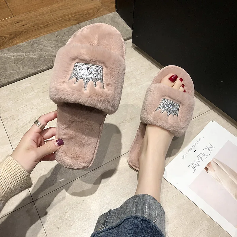 

Slippers Women 2021 Fashion Fur Flip Flops Woman Winter Warm Shoes Home Slipper Plush Slides Indoor Warm Fluffy Cotton Shoes