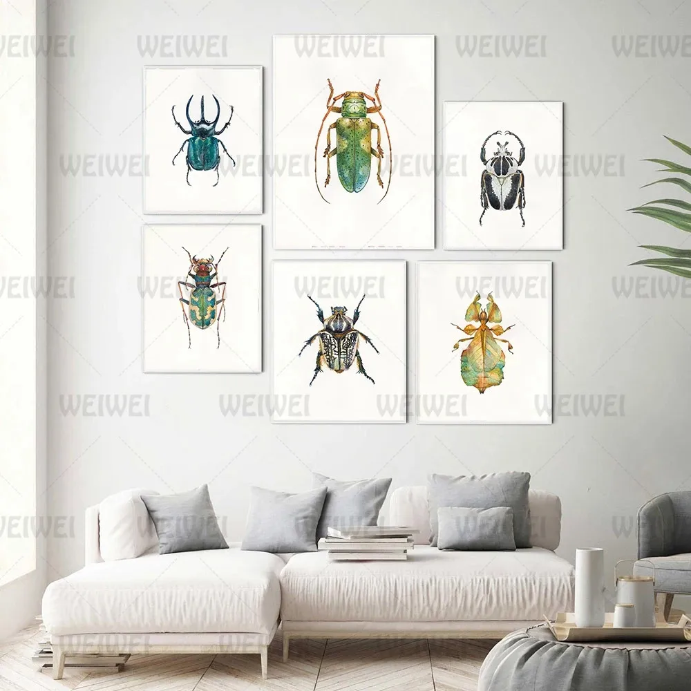 

Nordic Art Beetles Prints and Posters Sets Watercolour Insects Picture Wall Livingroom Home Decor Colorful Bugs Canvas Painting