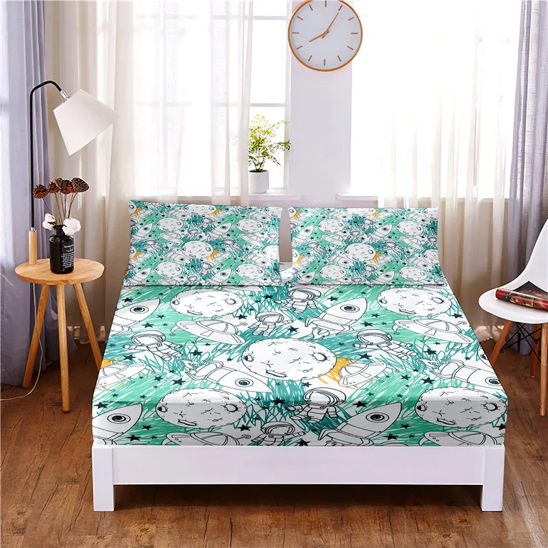 

Astronaut Digital Printed 3pc Polyester Fitted Sheet Mattress Cover Four Corners with Elastic Band Bed Sheet Pillowcases