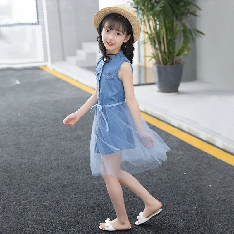 New Girls Dresses in Kids Summer 2019 Solid Blue Jeans Clothes Cotton Sleeveless Party Dress Baby Children Clothing 3-14T | Детская