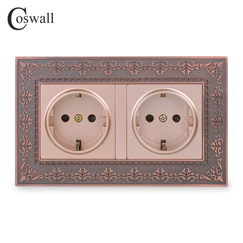 

Coswall 16A Russia Spain EU Standard Double Power Socket Red Bronze Retro Zinc Alloy Metal Panel Wall Electrical Outlet Gold
