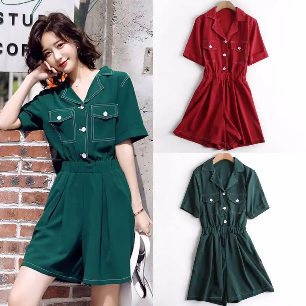 

Women 2020 fashion casual playsuits girl lady summer notched buttons red green solid wide leg female streetwear safari clothes