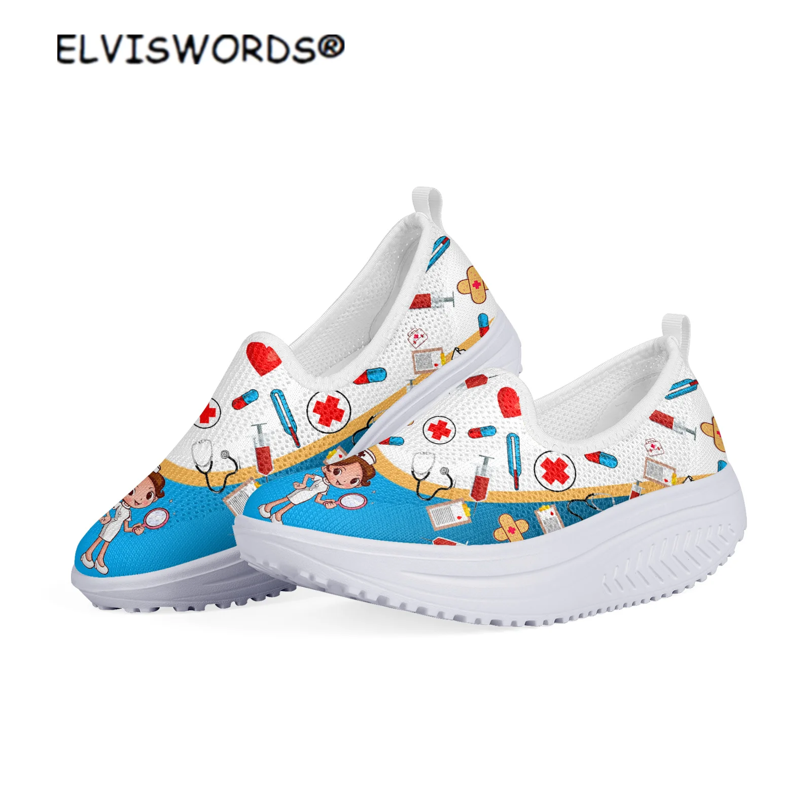 

ELVISWORDS Cartoon Nurse Printed Comfortable Ladies Walking Shoes Lightweight Mesh Swing Shoes for Women zapaotos de mujer