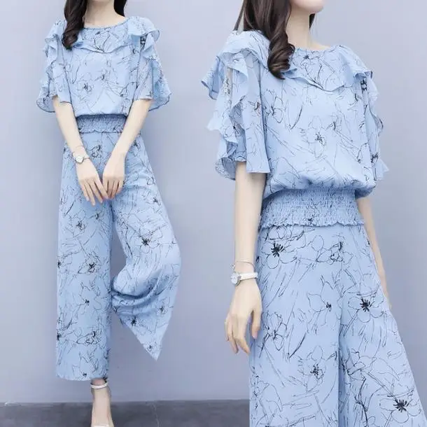 Комплект из двух предметов женская блузка с рюшами и широкие брюки комплекты 2019