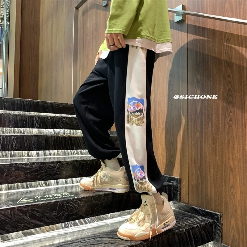 

Стильные спортивные штаны с прострочкой, женские свободные широкие штаны в стиле бойфренд для похудения, повседневные спортивные штаны, мо...