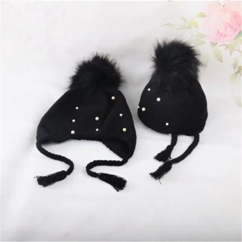 

New Hot Sale Ears Beanie Fur Pompom Cap Boy/Girls Child Knitted Winter Hair Ball Earbud Hats Woolen Solid Color Pearl Best Gift