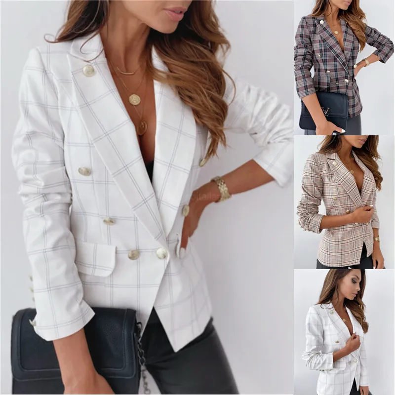 

Autumn and Winter European and American Style Short Plaid Suit Jacket Metal Double-breasted Small Suit Women