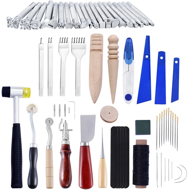 IMZAY Leather Punching Tools Set With Printed Tools Leather Knife Plastic Hammer Sewing Needles Yarn Scissors Leather Tools Kit