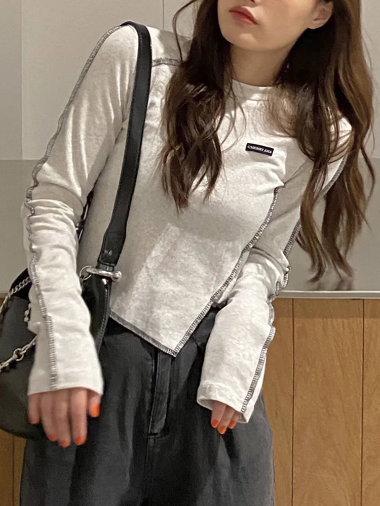 

Женский Асимметричный топ с длинным рукавом, модная короткая футболка в стиле Ins на раннюю весну и осень, 2021