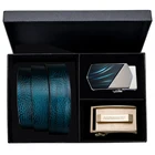 Ремень мужской из 100% воловьей кожи в коробке, дизайнерский Повседневный ремень в ковбойском стиле с автоматической пряжкой, синий кожаный, для джинсов